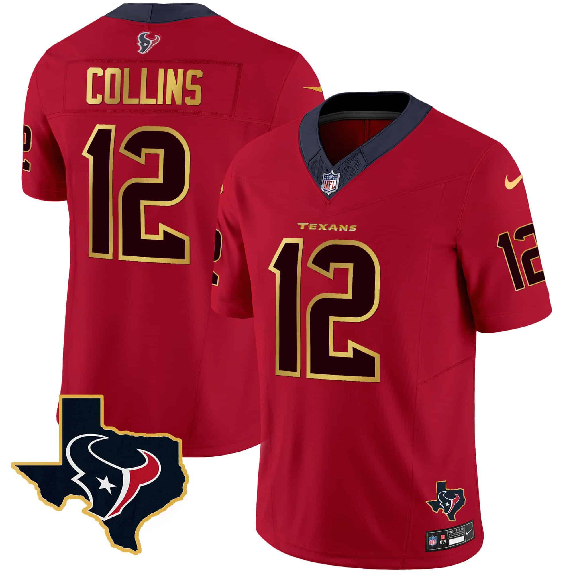 Men Houston Texans 12 Collins Red Gold 2024 Nike Trim Vapor NFL Jersey